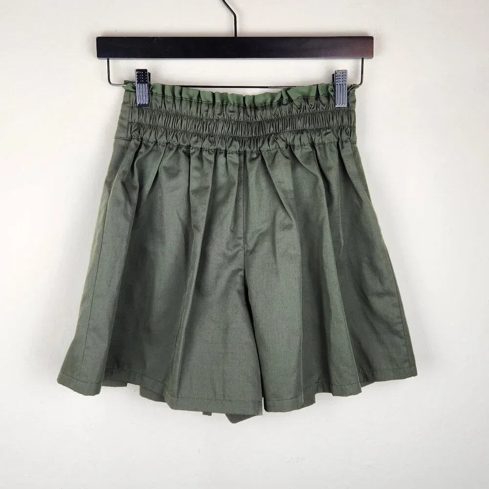 Axes Femme Japan Mori Kei Dark Academia Green Lace-up Pleated Shorts sz M - Picture 2 of 9